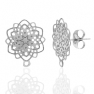 Stainless steel earrings/earpin bohemian flower with loop Silver