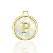 Stainless steel charms 12mm shell initial P White (natural colour)-Gold