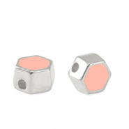 DQ European metal beads hexagon Antique Silver-Salmon Pink (nickel free)
