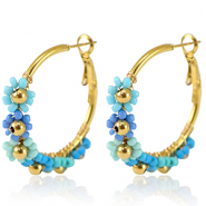 Stainless steel earrings creole flower 35mm Gold-Blue