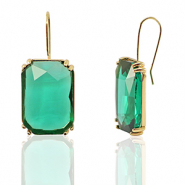Crystal Glass earrings / earpins rectangle Green-Gold