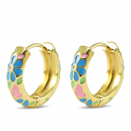 Brass TQ metal creole with enamel flower Gold-Pink Blue
