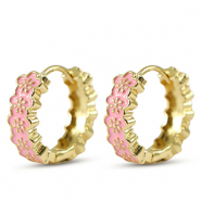Brass TQ metal creole with enamel flower Gold-Pink