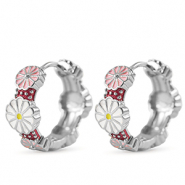 Brass TQ metal creole with enamel flower Silver-White Pink