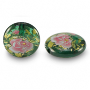 Glass beads 14mm flower Green Transparent-Rose Red