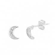 Brass TQ metal earrings / earpins cubic zirconia moon Silver