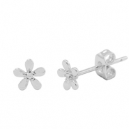 Brass TQ metal earrings / earpins cubic zirconia flower Silver