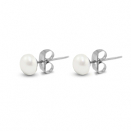 Stainless steel earrings / earpins pearl 6mm Silver-Pearl White