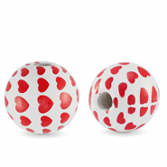 Wooden beads round 16mm heart White-red
