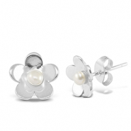 Stainless steel earrings / earpins pearls flower Silver