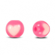 Acrylic beads round heart Neon pink-white