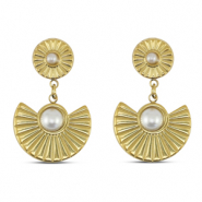 Stainless steel earrings / earpins fan with imitation pearls Gold