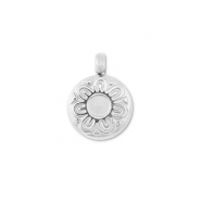 Stainless steel charms round with flower Silver