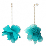 Trendy earrings/earpin chiffon flower Teal Green-Gold