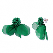 Trendy earrings/earpin chiffon flower Dark Green-Gold