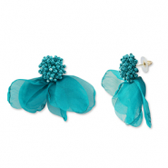 Trendy earrings/earpin chiffon flower Teal Green-Gold