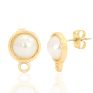 DQ European metal findings earpin pearl round 10mm with loop Gold (nickel free)