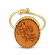 Stainless steel rings enamel oval with flower Gold-Salmon Pink