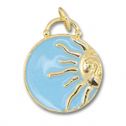Brass TQ metal charms round with sun Gold-Light Blue