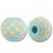 Wooden beads round 10mm pattern Light Blue-Natural