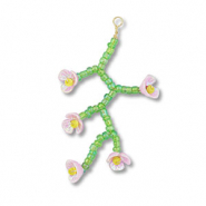 Glass seed beads charms flower Transparent Green-Light Pink AB-Yellow