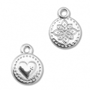 DQ European metal charms round with heart/flower Antique Silver (Nickelfree)
