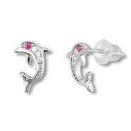 Brass TQ metal earrings / earpins dolphin Silver-Dark Pink