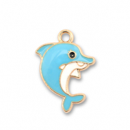 Metal charms enamel dolphin Gold-Light Blue-White