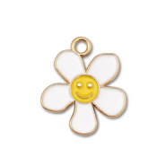 Metal charms enamel flower with smiley Gold-White-Yellow