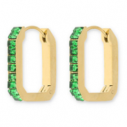 Stainless steel earrings / creoles rectangle with strass Gold-Green