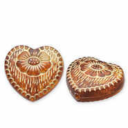 Acrylic beads heart with flowers Cognac Brown-Gold