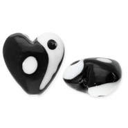 Glass beads Yin & Yang heart Black-White