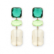Crystal glass earrings / earpins square-oval-rectangle Dark Green-Light Green-Sand Beige