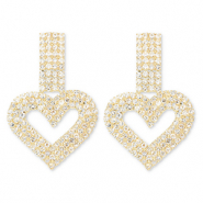 Eco-brass&reg; metal earrings / earpins with strass heart Gold-Crystal