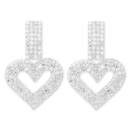 Eco-brass&reg; metal earrings / earpins with strass heart Silver-Crystal