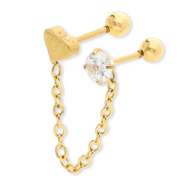 Stainless steel ear piercing heart with chain & strass Gold-Crystal