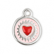 Stainless steel charms round with heart Silver-Red-Light Pink