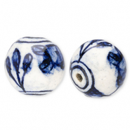 Beads ceramic 18mm with tulip Off White-Delft Blue