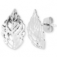 Stainless steel findings earrings / earpin leaf with loop Silver