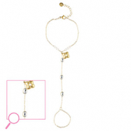 Stainless steel hand chain flower Gold-Crystal-White