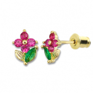 Brass TQ metal earrings / earpins flower Gold-Dark Pink-Green