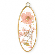 Charms with dried flowers oblong oval Gold-Light Pink