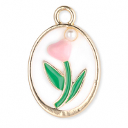 Metal charms oval with tulip with pearl Gold-White-Green-Light Pink