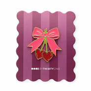 BY31® Pin bow with cherries on card Burgundy Red-Hot Pink-Moss Green-Gold