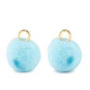 Pompom charms with loop 10mm Gold-Aquamarine Blue