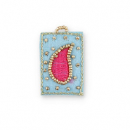 Handmade embroidered charms drop Light Blue-Fuchsia-Gold