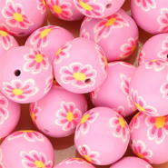 Silicone beads 18mm round with hand-painted flowers Orchid Purple-Neon Pink-Yellow