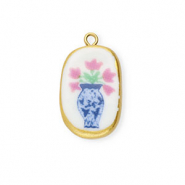 Ceramic charms oval with flower Gold-White-Blue-Pink-Green
