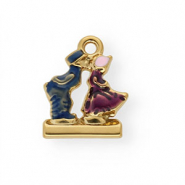 Stainless steel charms with enamel kissing couple Gold-Blue-Purple