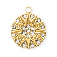 Stainless steel charms with strass round with sun Gold-Crystal